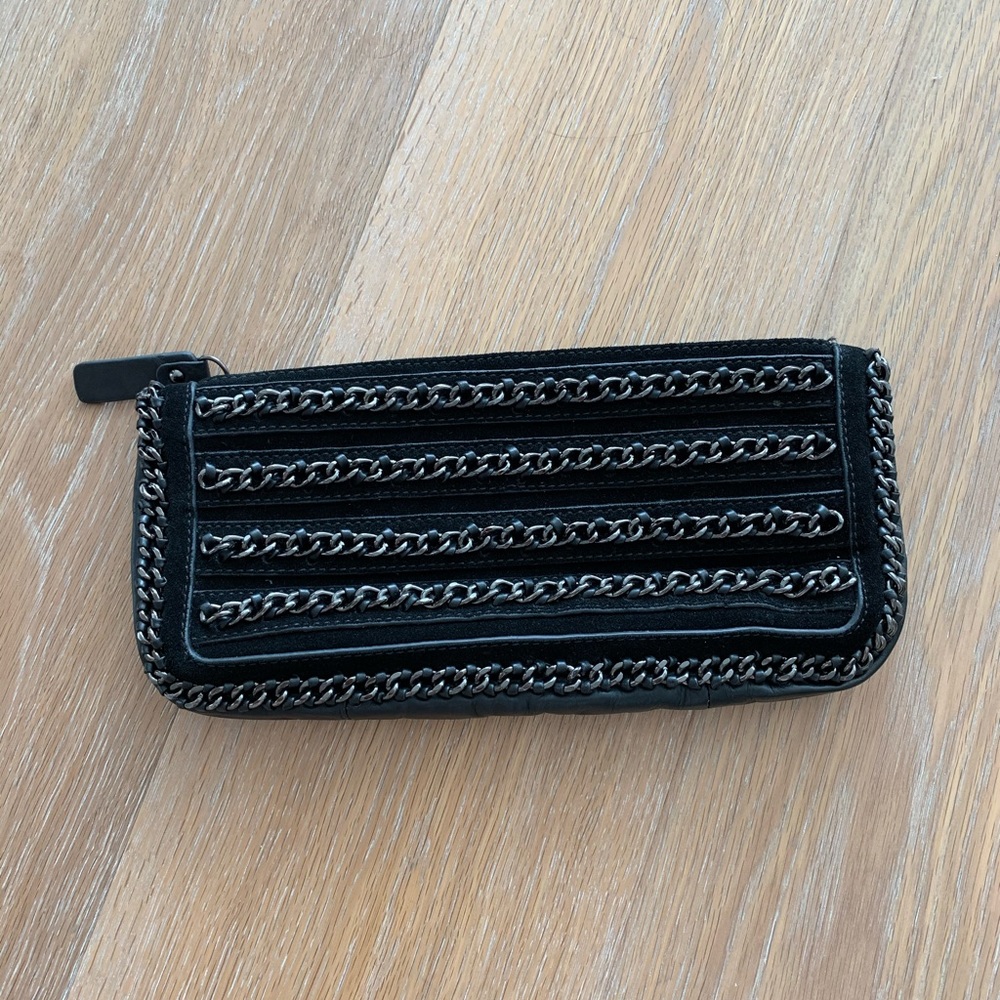BCBG MaxAzria black suede clutch with silver chain link hardware